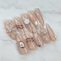 Nude gold camellia 3D flower custom press-on nails extra long coffin full set on marble — LuxepressCo