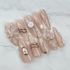 Nude gold camellia 3D flower custom press-on nails extra long coffin full set on marble — LuxepressCo