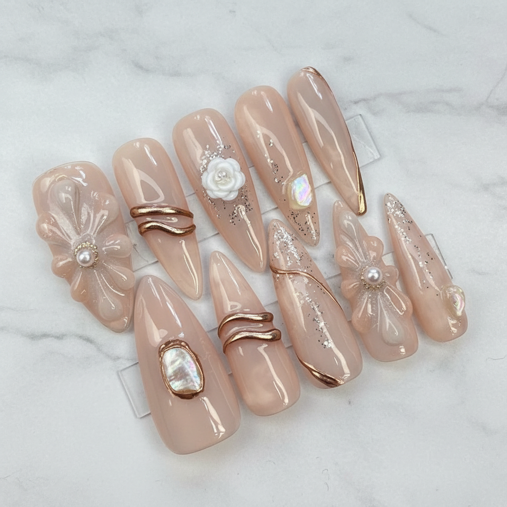 Nude gold camellia 3D flower custom press-on nails extra long coffin full set on marble — LuxepressCo