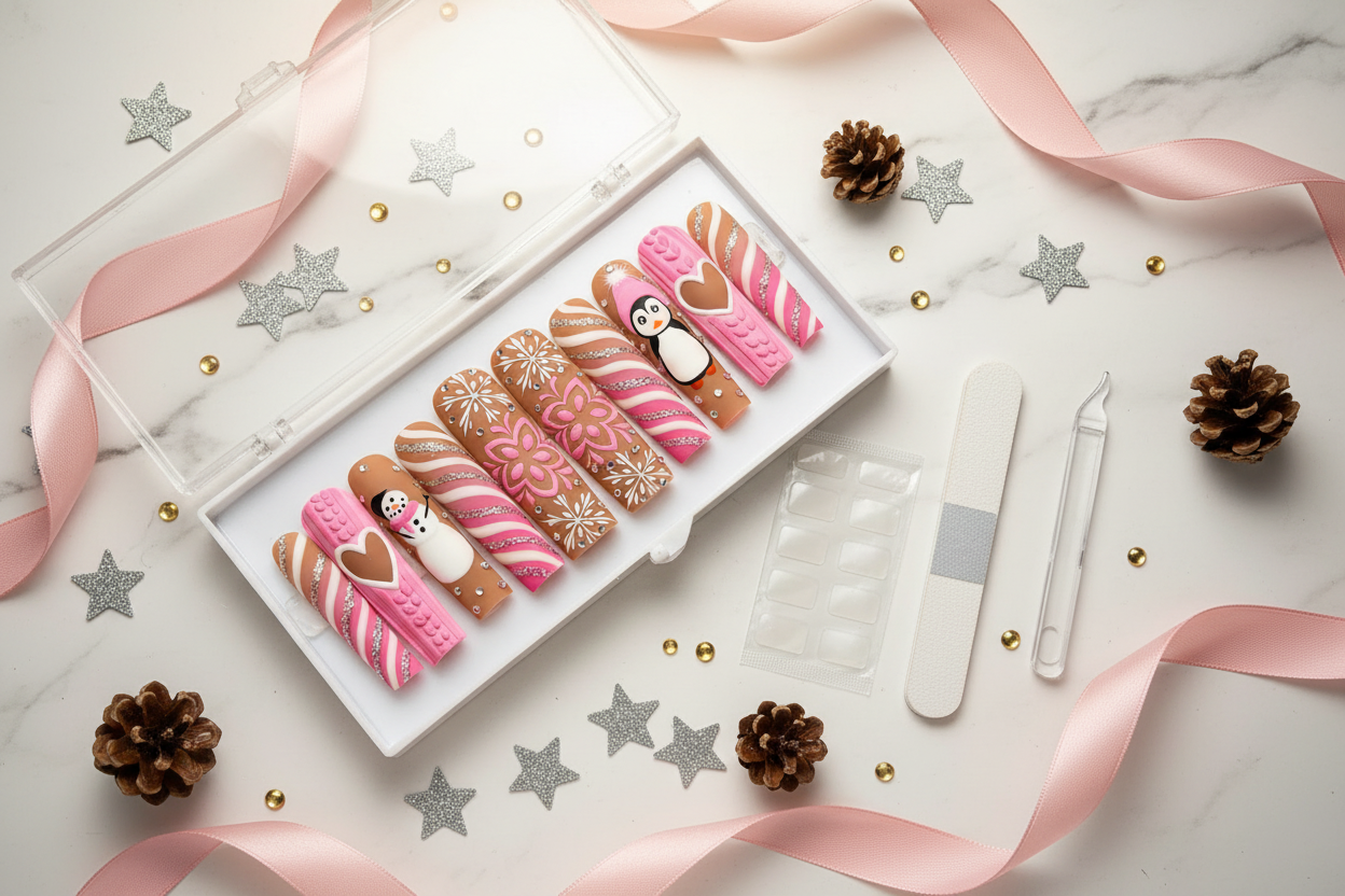 Luxury unboxing acrylic box Christmas gingerbread snowman penguin candy cane press-on nails with accessories — LuxepressCo