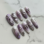 Full set 10 lavender purple ombre almond chrome 3D bow heart press-on nails on marble background custom press-on nails — LuxepressCo