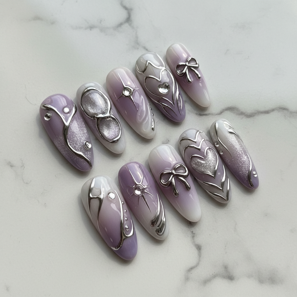 Full set 10 lavender purple ombre almond chrome 3D bow heart press-on nails on marble background custom press-on nails — LuxepressCo