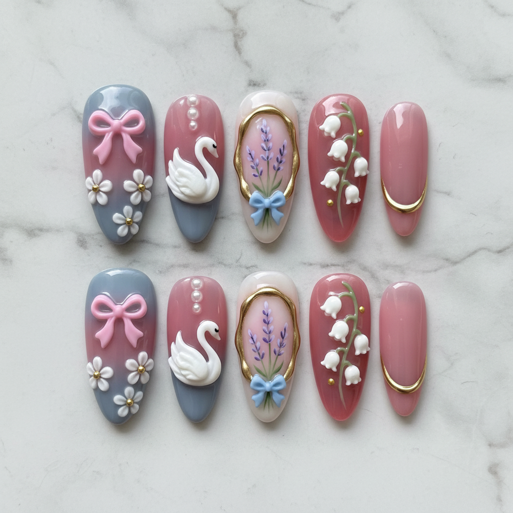 Cottagecore swan lavender 10 custom press-on nails flat lay top-down studio marble — LuxepressCo