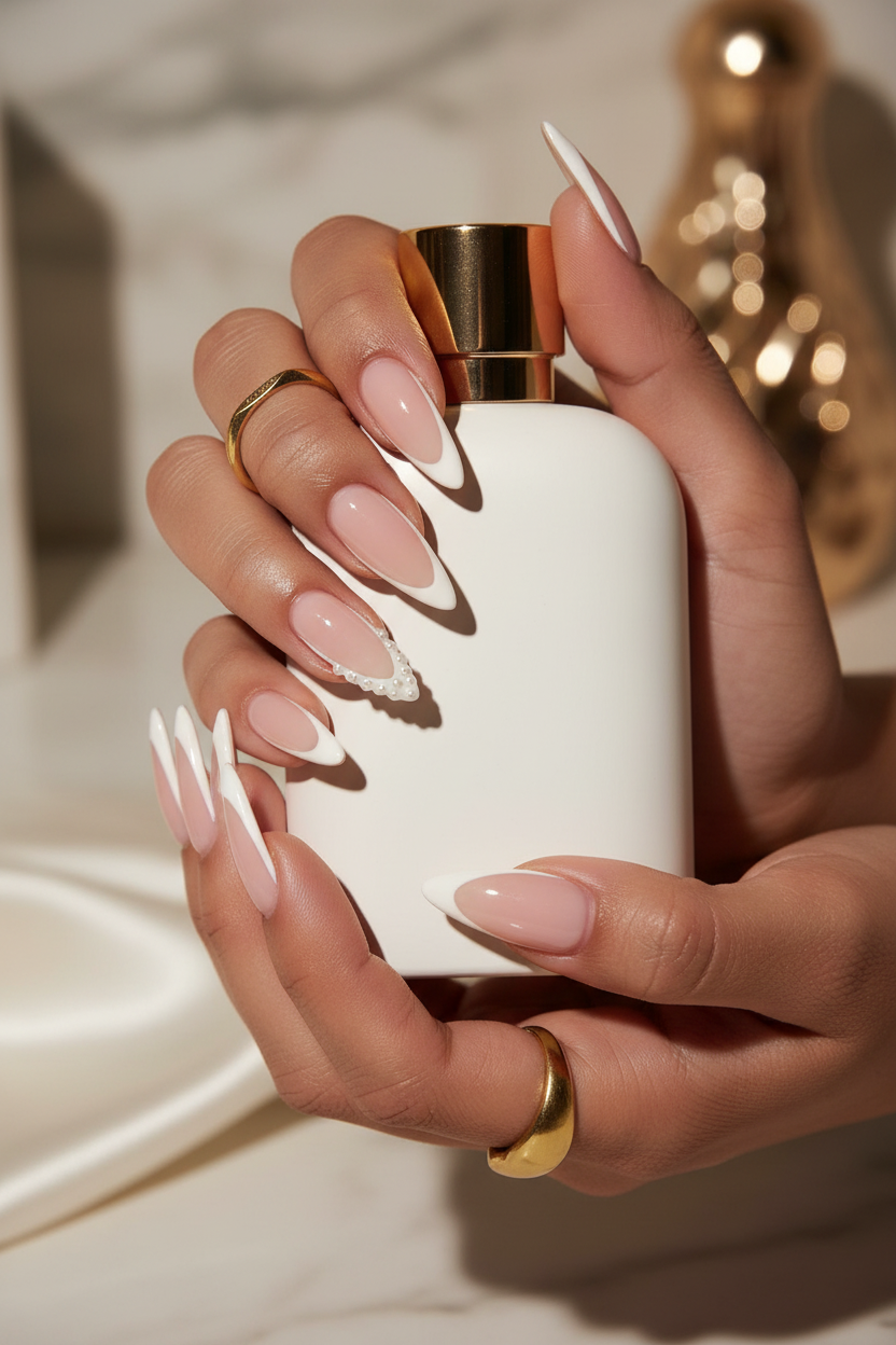 Dark-skin hands holding white perfume wearing nude blush pearl rhinestone French tip reusable press-on nails — LuxepressCo