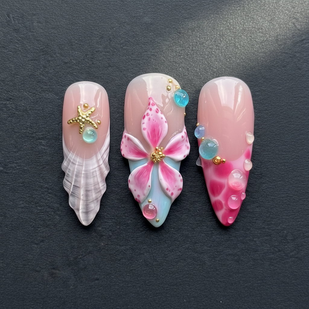 Macro close-up 3D pink flower rhinestone shell texture custom press-on nails dramatic lighting — LuxepressCo