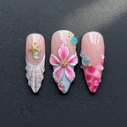 Macro close-up 3D pink flower rhinestone shell texture custom press-on nails dramatic lighting — LuxepressCo