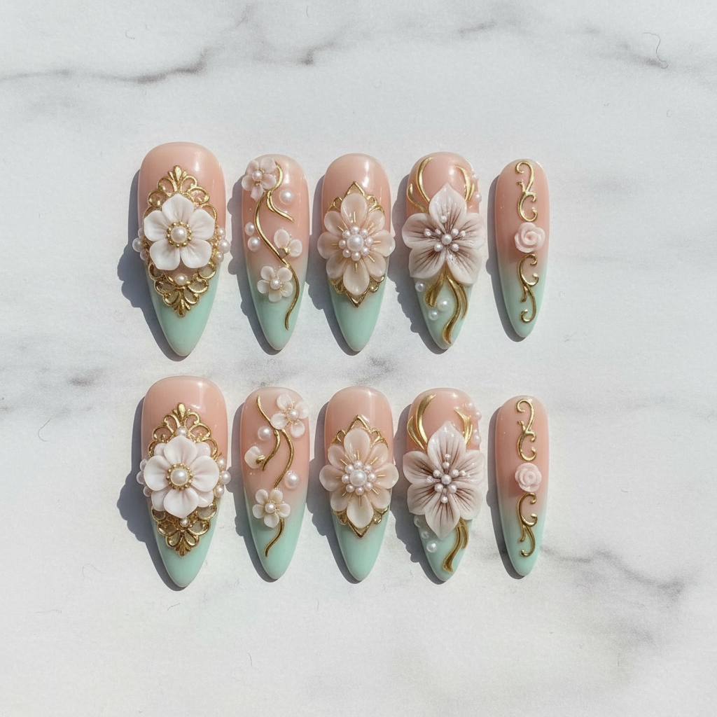 Flat lay top-down full set 10 3D white flower gold baroque pearl ombre salon-quality nails white marble — LuxepressCo