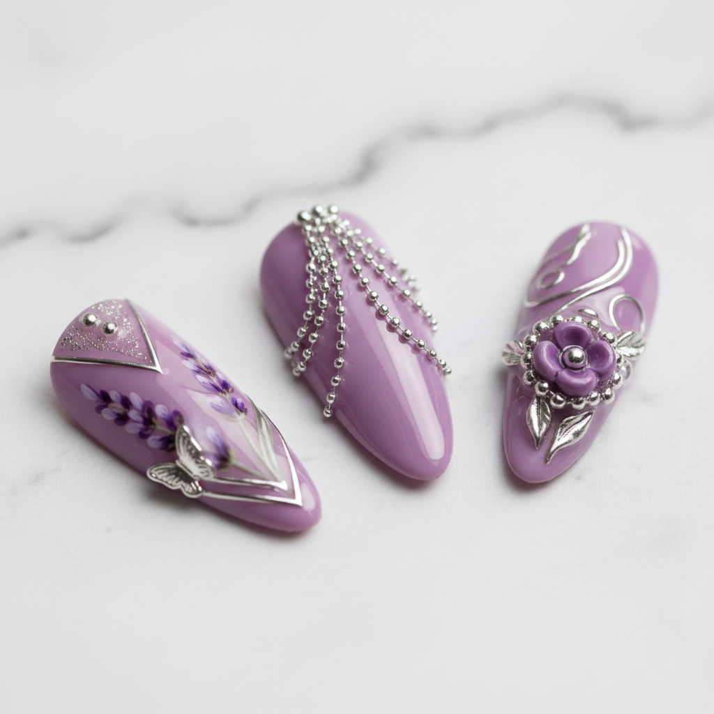 Macro silver ball chain V-shape line art purple floral leaf almond reusable nails marble — LuxepressCo