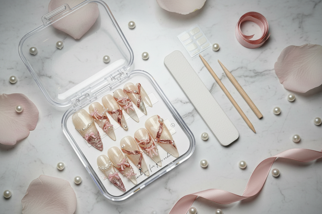 Luxury unboxing acrylic box rose gold ribbon pearl coquette bridal custom press-on nails packaging — LuxepressCo