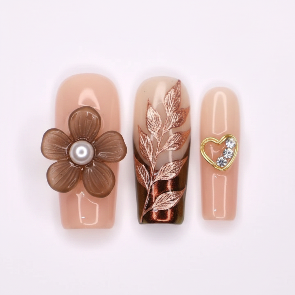 Macro close-up chocolate ombre rose gold foil botanical 3D flower gold heart salon-quality nails — LuxepressCo