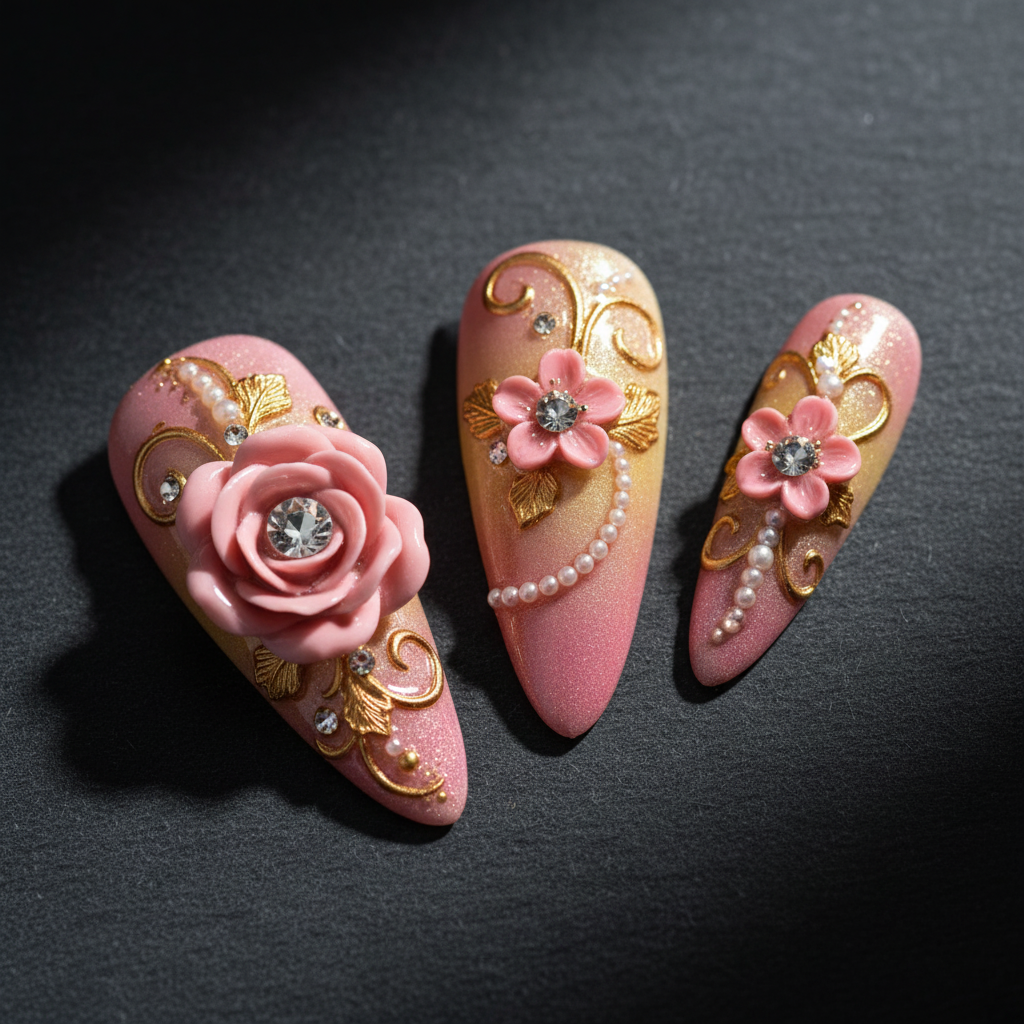 Macro close-up 3D pink rose rhinestone gold leaf embossment custom press-on nails dramatic lighting — LuxepressCo