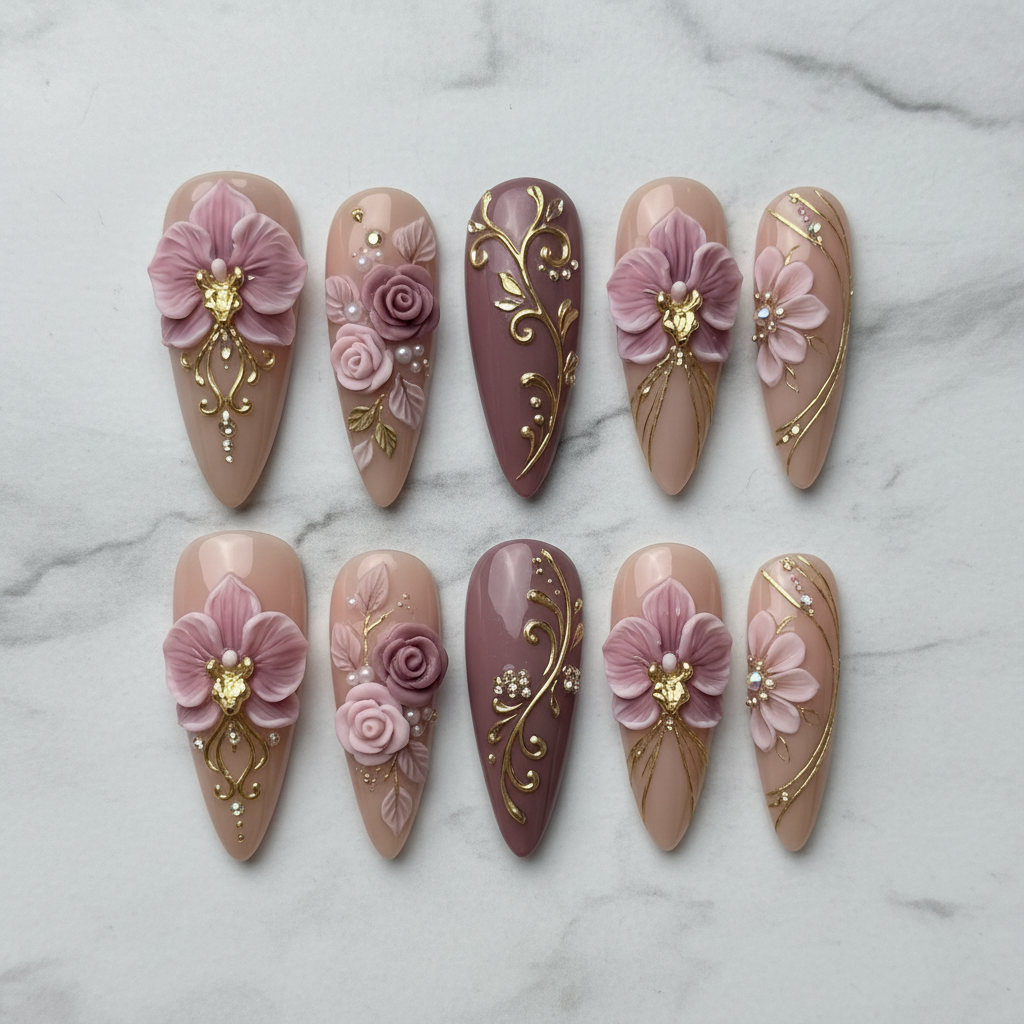 Flat lay top-down full set 10 3D floral custom press-on nails pink gold rhinestone — LuxepressCo