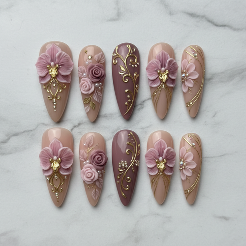 Flat lay top-down full set 10 3D floral custom press-on nails pink gold rhinestone — LuxepressCo