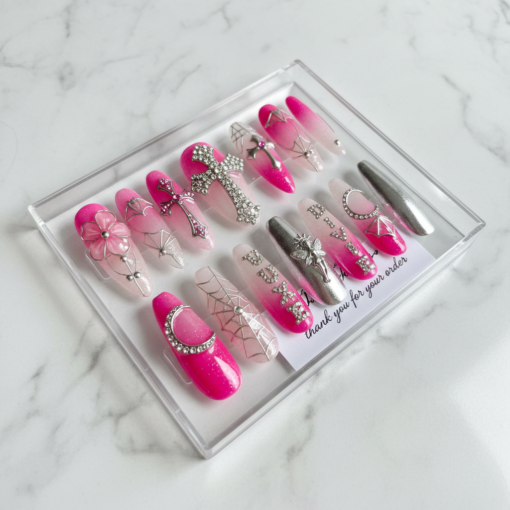 Pink cross fairy gothic rhinestone flower silver wire custom press-on nails pink gradient full set — LuxepressCo