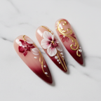 Macro crimson orchid petal art pearl dot chain gold line burgundy reusable nails marble — LuxepressCo