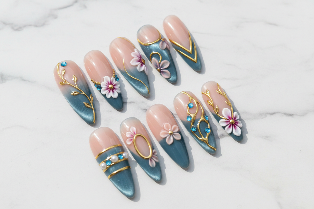 Studio hero shot full set 10 blue teal 3D floral custom press-on nails on marble background — LuxepressCo