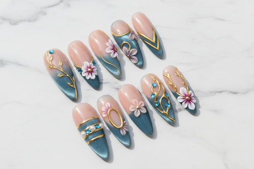 Studio hero shot full set 10 blue teal 3D floral custom press-on nails on marble background — LuxepressCo