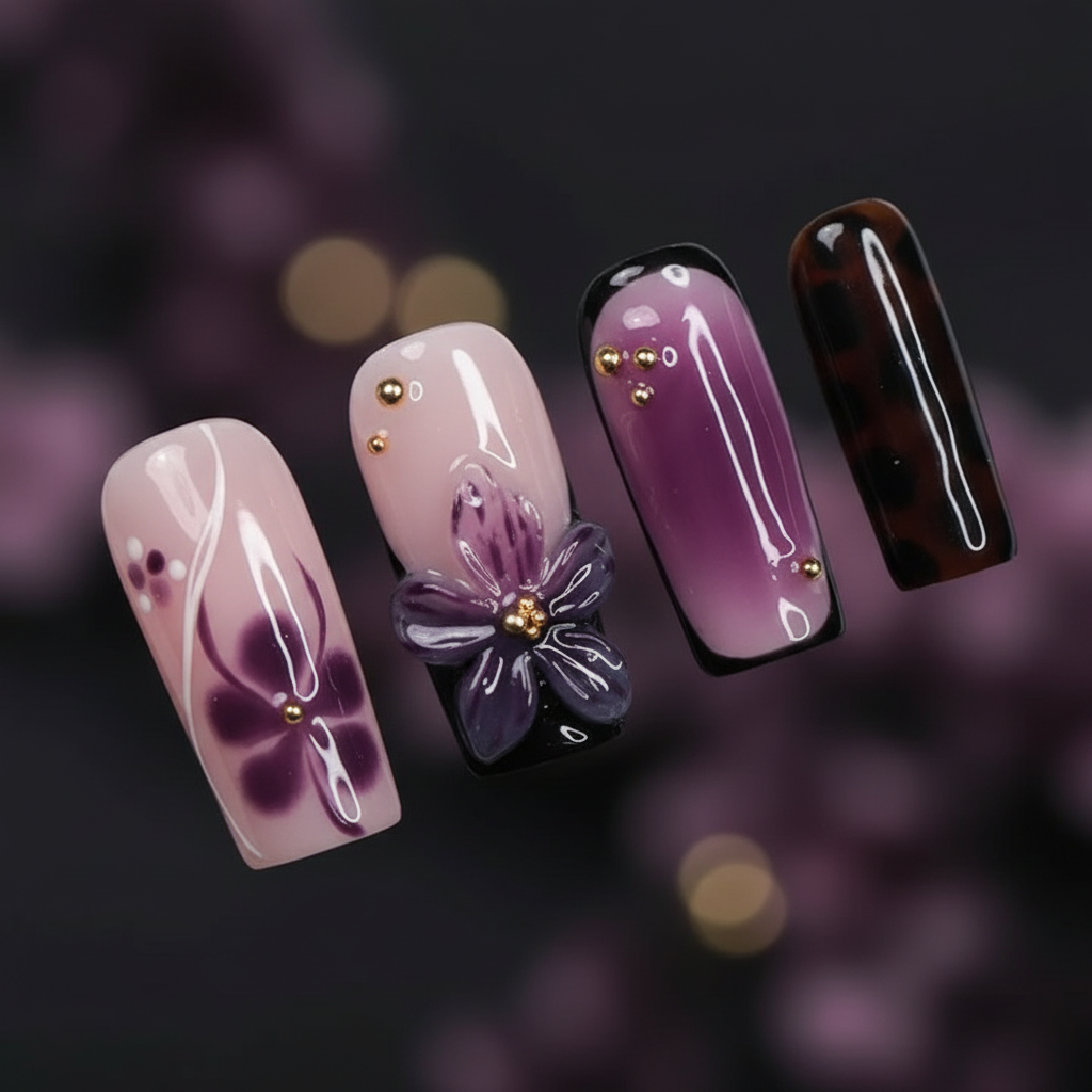 Macro close-up 3D dark purple resin bow violet flower gold star white line art ombre custom press-on nails detail — LuxepressCo