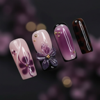 Macro close-up 3D dark purple resin bow violet flower gold star white line art ombre custom press-on nails detail — LuxepressCo