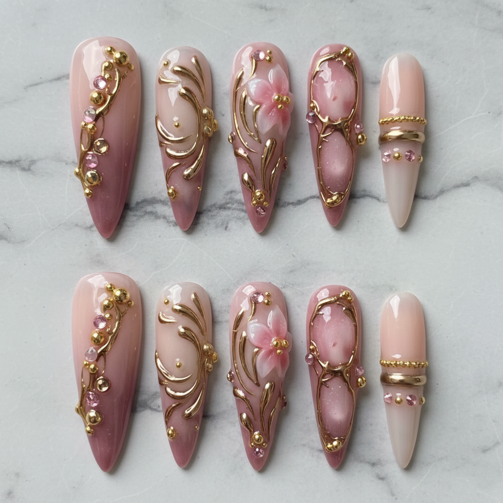 Flat lay top-down full set 10 luxury 3D gold filigree pink floral stiletto custom press-on nails white marble — LuxepressCo