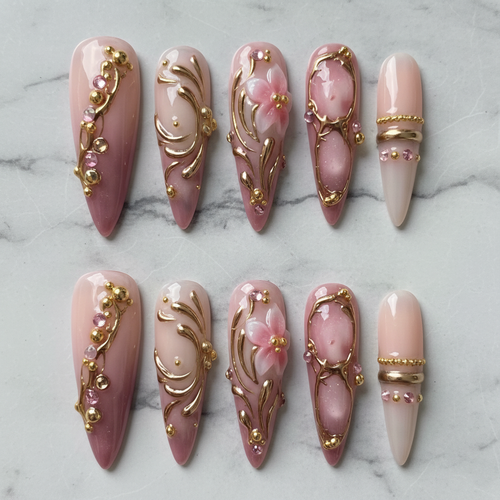 Flat lay top-down full set 10 luxury 3D gold filigree pink floral stiletto custom press-on nails white marble — LuxepressCo