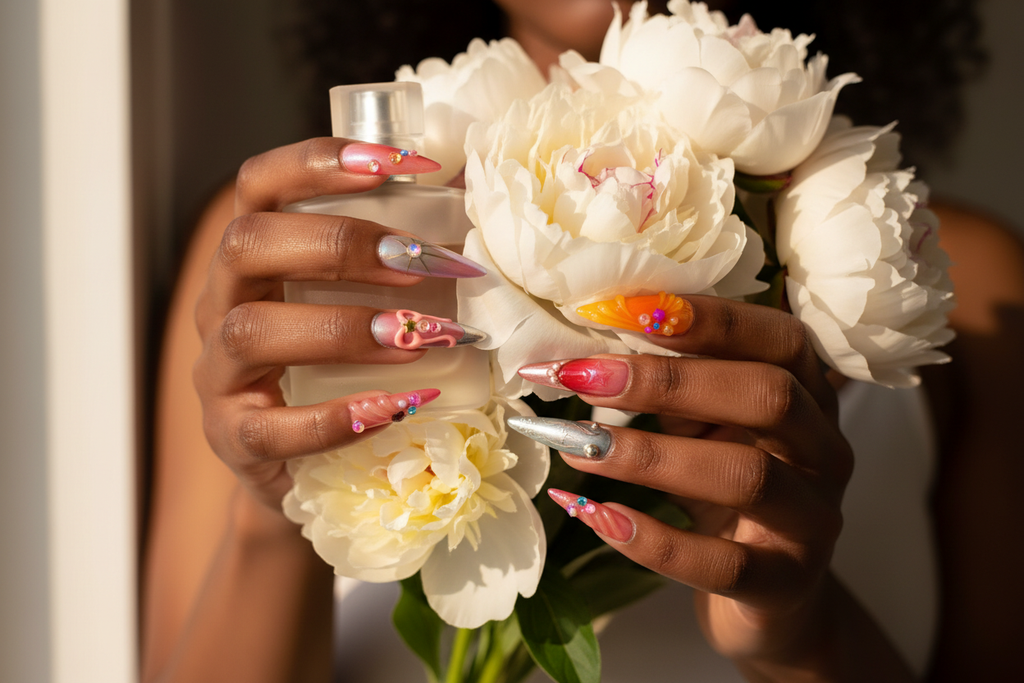 Dark-skin European hands wearing multicolor chrome holographic custom press-on nails holding peony — inclusive reusable nails lifestyle — LuxepressCo