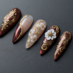 Macro close-up 3D white porcelain flower gold baroque filigree custom press-on nails — LuxepressCo