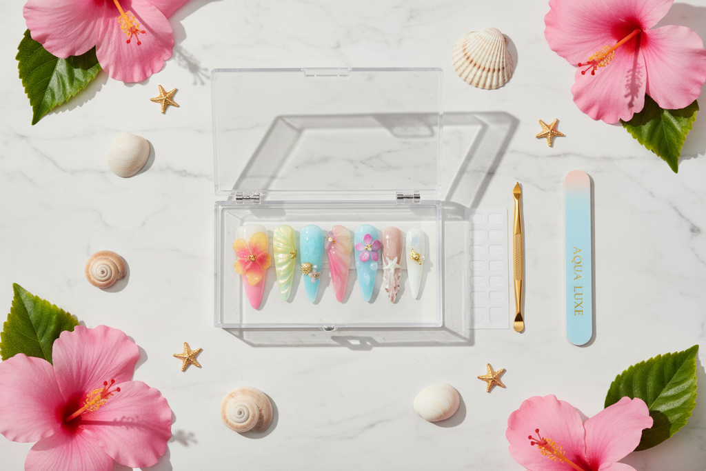 Luxury acrylic box unboxing pastel ocean jelly glass 3D hibiscus sea charm stiletto custom press-on nails with accessories — LuxepressCo