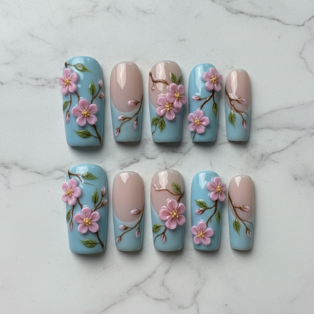 Flat lay top-down full set 10 salon-quality cherry blossom press-on nails — LuxepressCo