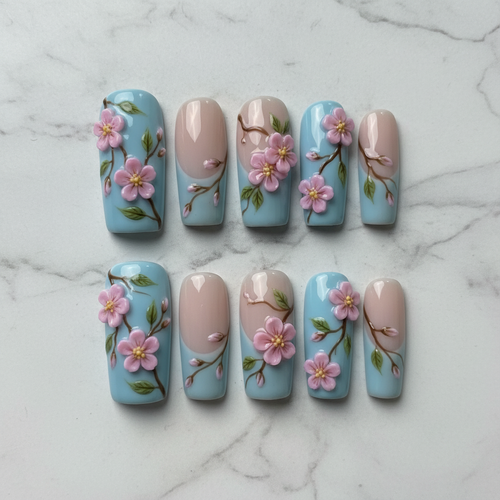 Flat lay top-down full set 10 salon-quality cherry blossom press-on nails — LuxepressCo
