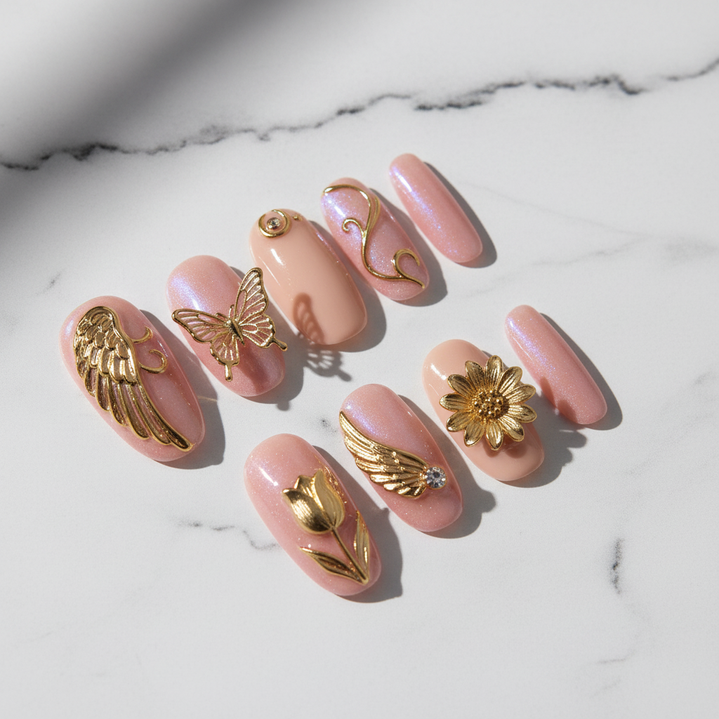 Aurora bloom gold chrome butterfly angel wing sunflower custom press-on nails blush pink aurora full set flat lay — LuxepressCo
