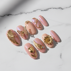 Aurora bloom gold chrome butterfly angel wing sunflower custom press-on nails blush pink aurora full set flat lay — LuxepressCo
