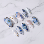Blue aurora floral 3D almond custom press-on nails gold butterfly iridescent pearl — LuxepressCo