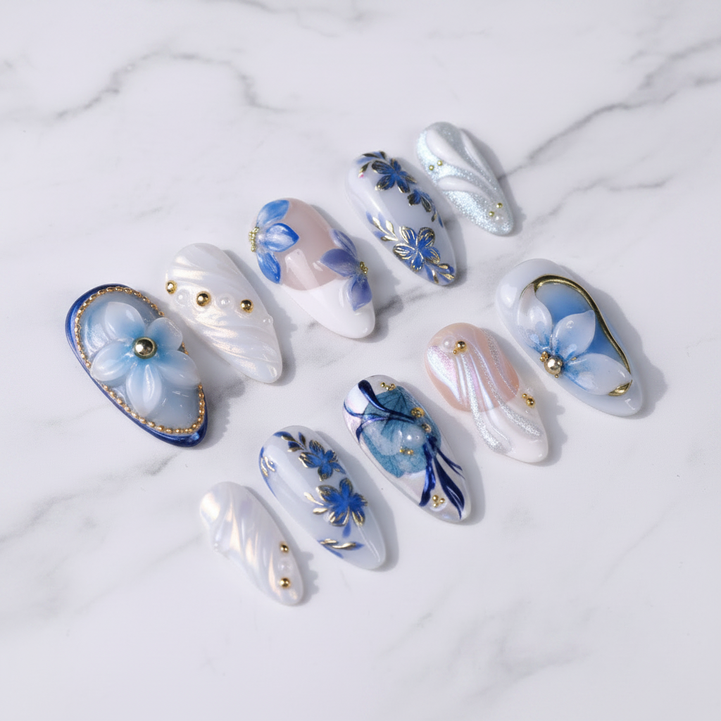 Blue aurora floral 3D almond custom press-on nails gold butterfly iridescent pearl — LuxepressCo