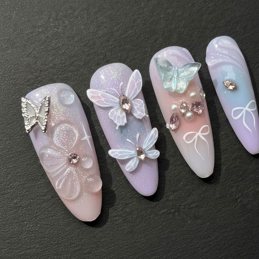 Macro close-up 3D butterfly rhinestone crystal custom press-on nails lavender purple dramatic lighting — LuxepressCo