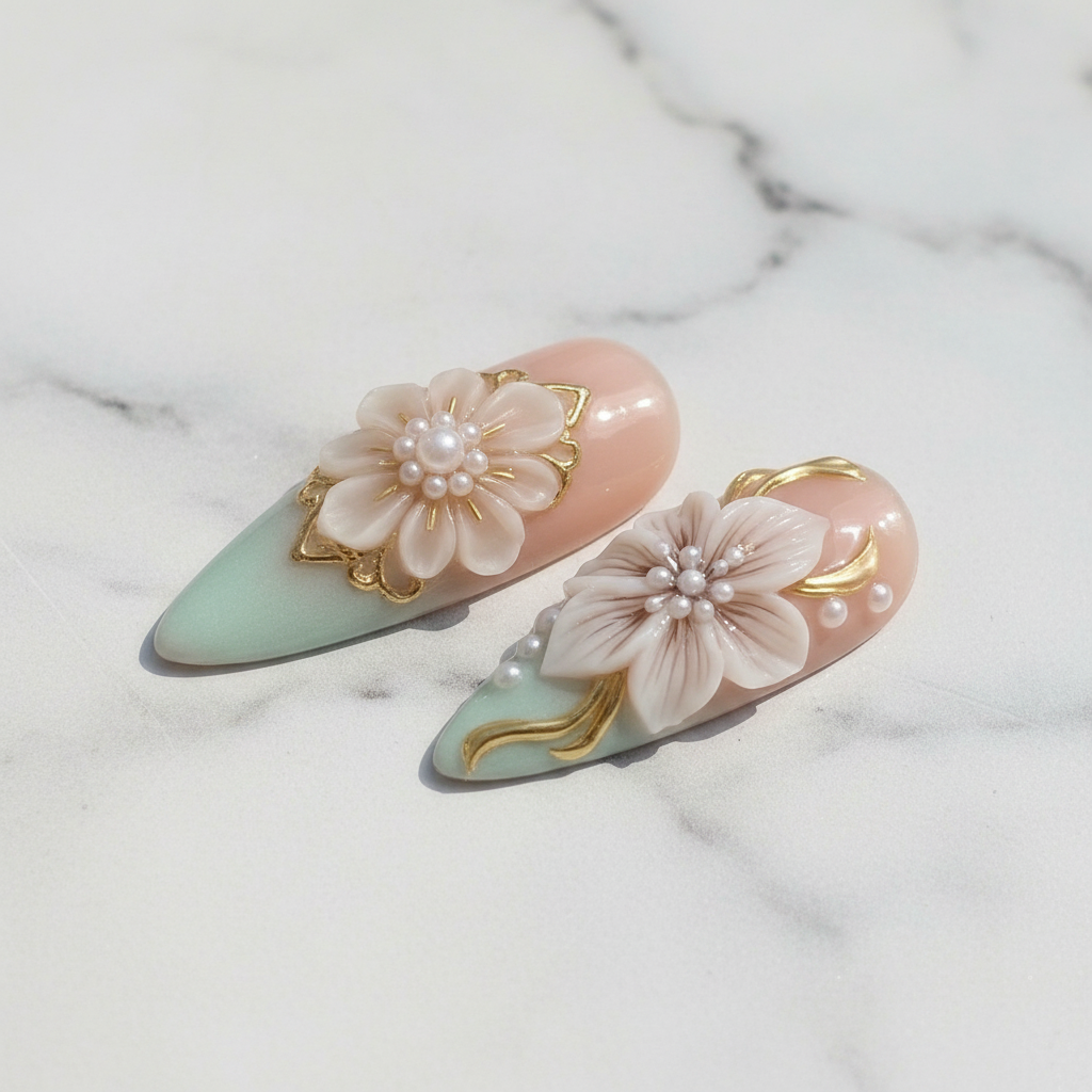 Close-up texture gloss mint ombre 3D floral pearl custom press-on nails white marble background — LuxepressCo