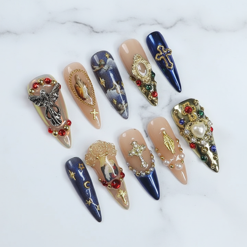 Baroque angel cross 3D gold gem rosary custom press-on nails full set on white marble — LuxepressCo