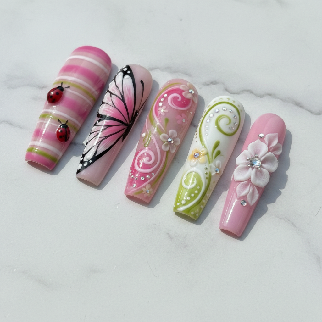 Macro close-up 3D ladybug charm pink stripe and rhinestone swirl floral custom press-on nails white marble — LuxepressCo