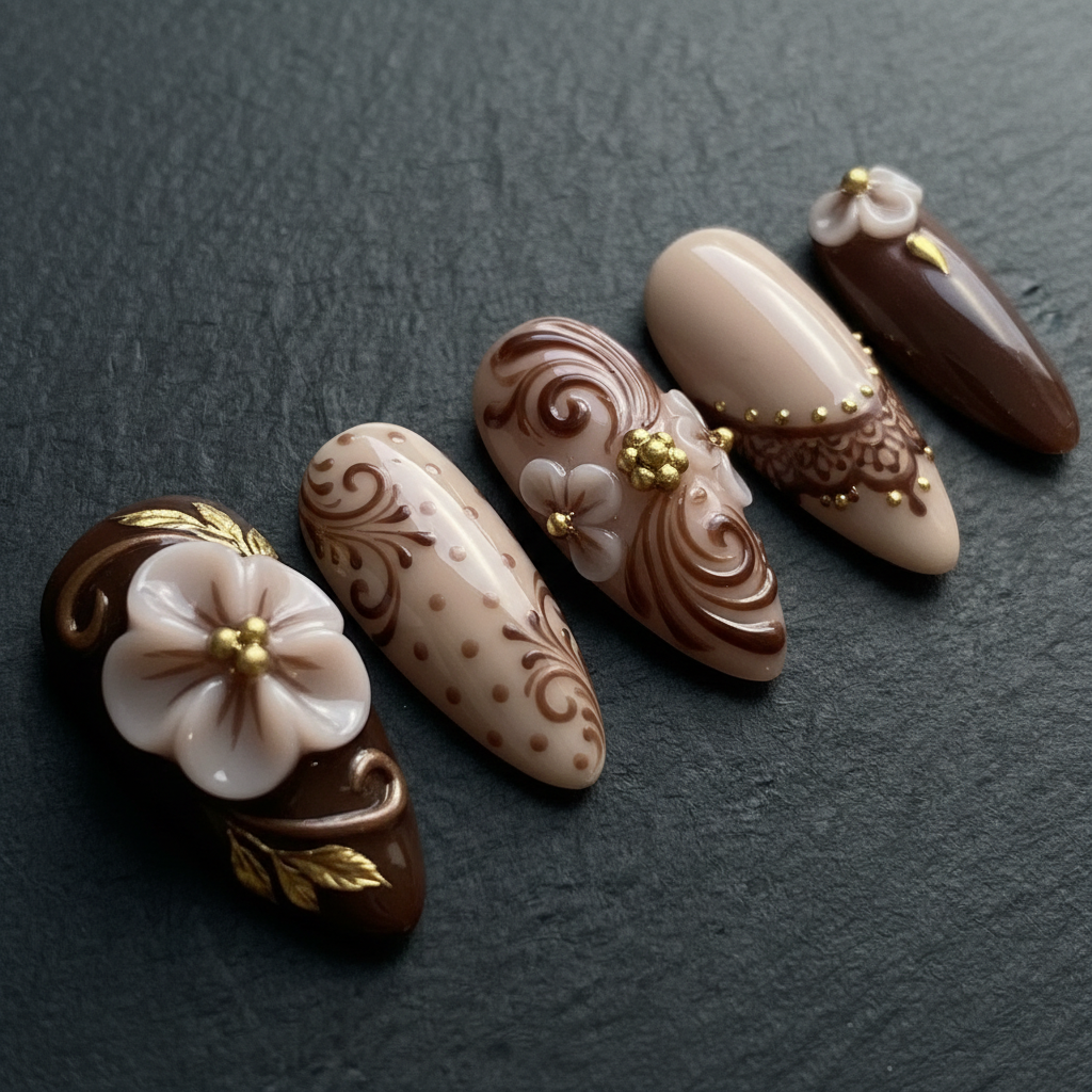 Close-up macro 3D white porcelain flower gold leaf chocolate brown custom press-on nails dramatic lighting — LuxepressCo
