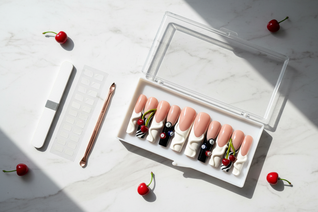 Luxury unboxing acrylic box Y2K cherry billiard press-on nails nude pink cream swirl with accessories — LuxepressCo