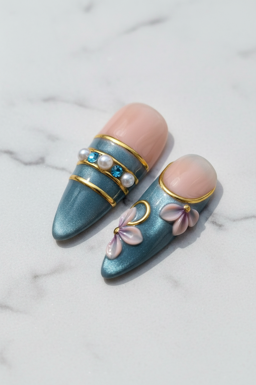 Close-up gold geometric pearl blue rhinestone salon-quality press-on nails teal nude — LuxepressCo