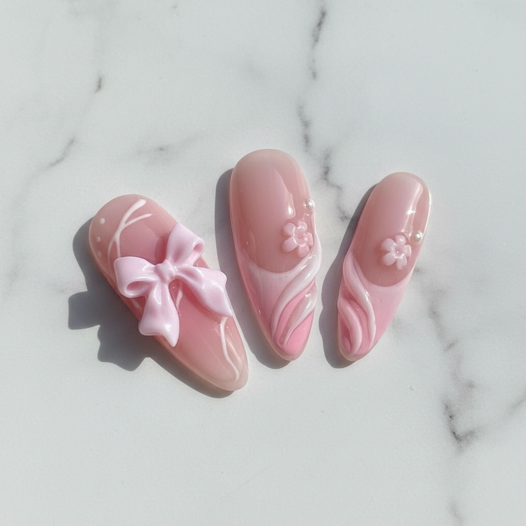 Close-up macro satin ribbon bow coquette custom press-on nails pink pearl detail marble background — LuxepressCo