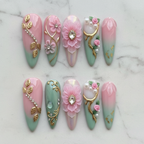 Flat lay top-down full set 10 pink mint 3D floral gold vine custom press-on nails marble background — LuxepressCo