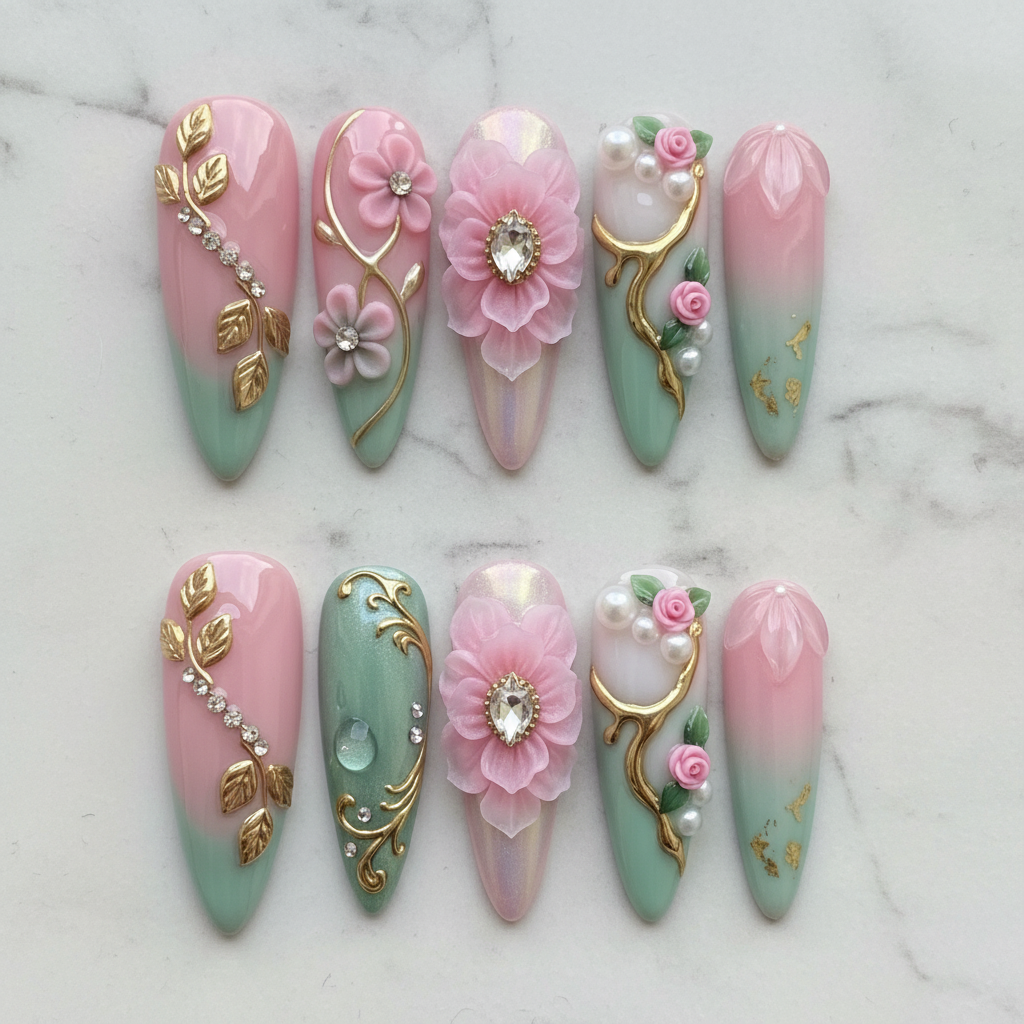 Flat lay top-down full set 10 pink mint 3D floral gold vine custom press-on nails marble background — LuxepressCo