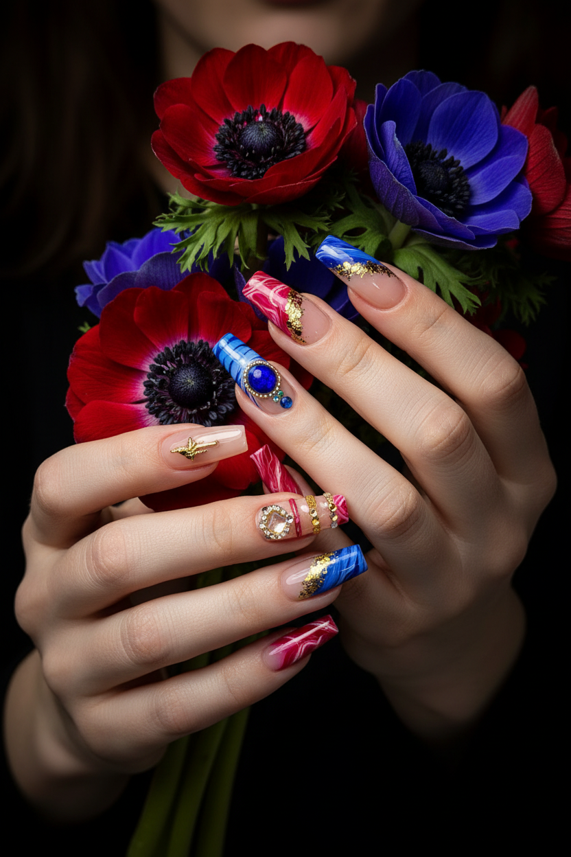 Fair-skin lifestyle pink red blue marble gold foil heart charm custom press-on nails holding anemone flowers — LuxepressCo