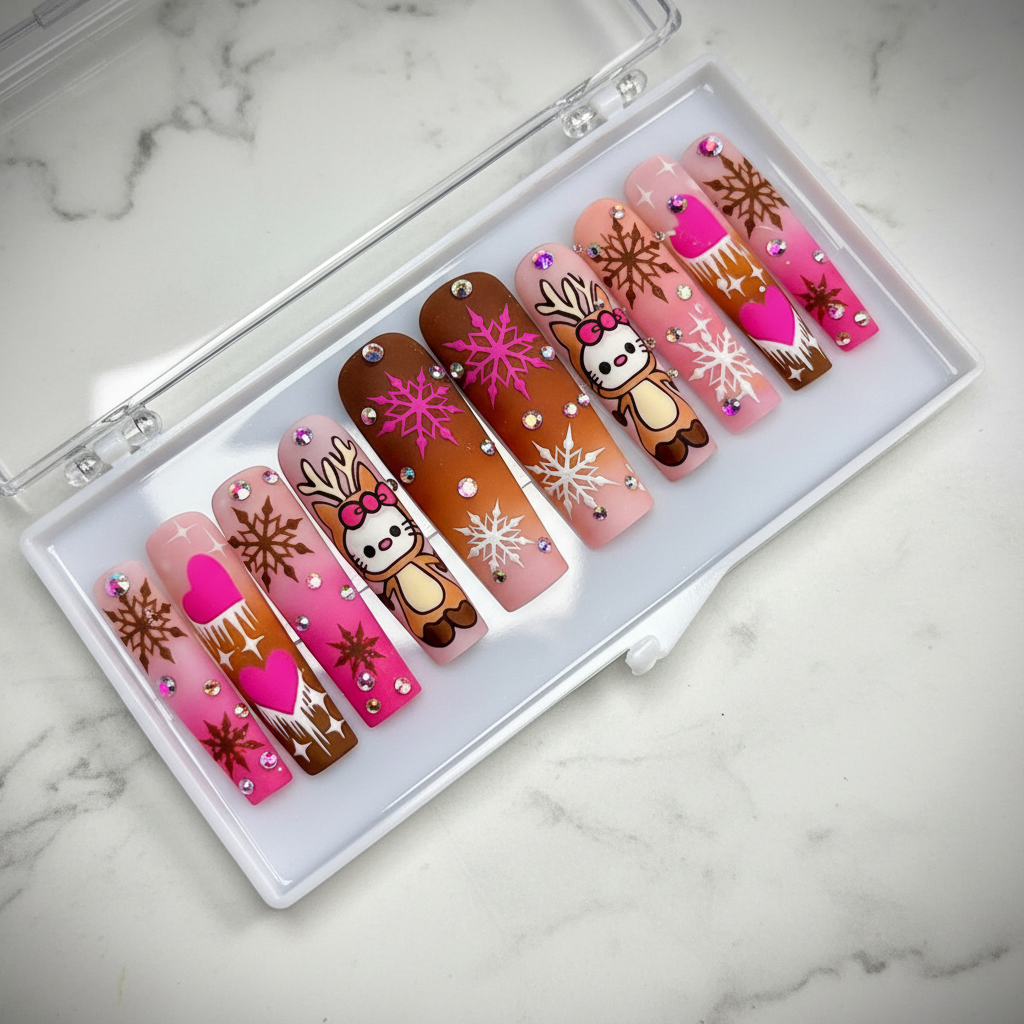 Kawaii Christmas reindeer pink brown ombre snowflake aurora rhinestone custom press-on nails coffin full set on marble — LuxepressCo