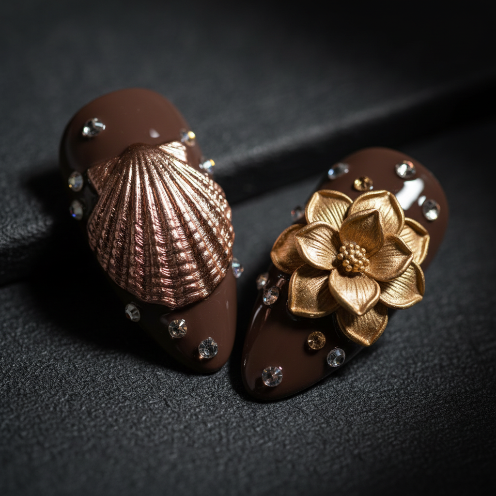 Chocolate brown rose gold chrome fan shell 3D magnolia flower macro close-up dramatic dark background custom press-on nails — LuxepressCo