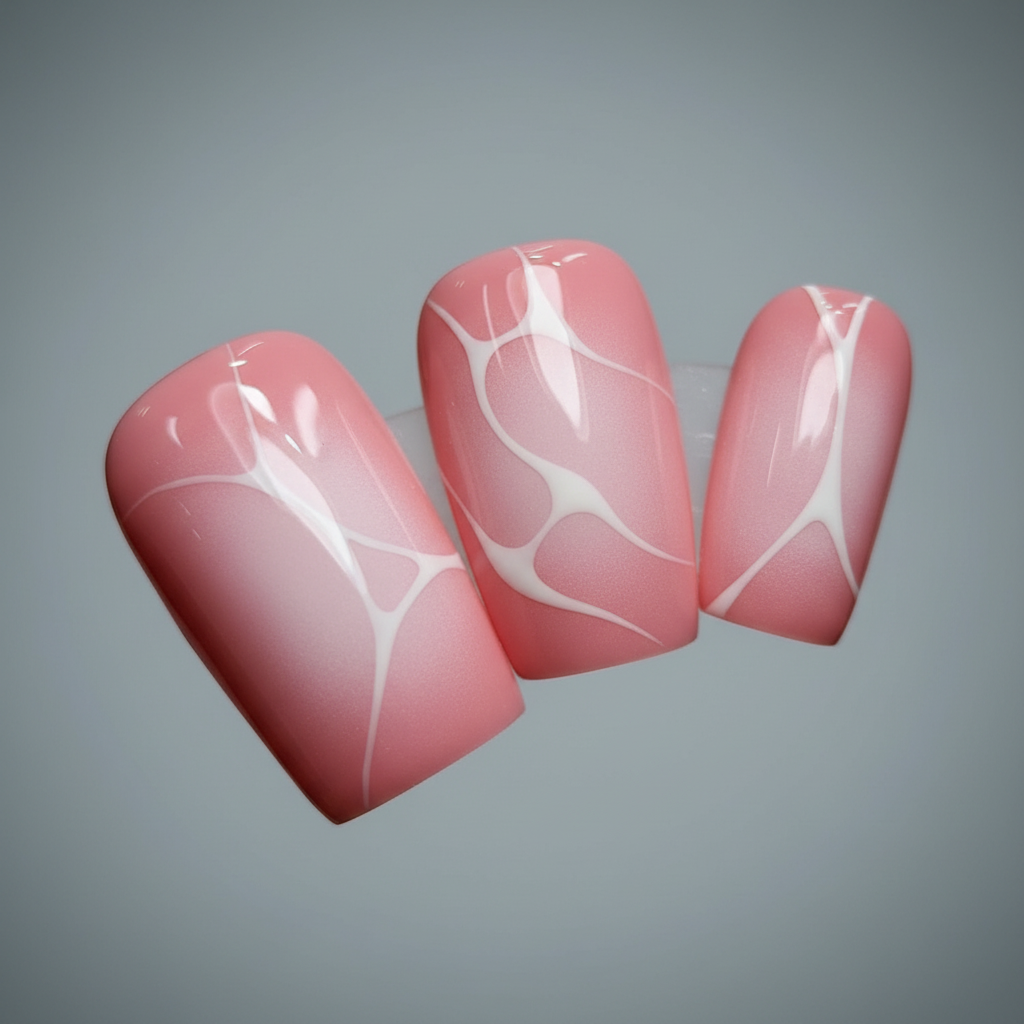 Macro close-up pink dusty rose gradient white crackle web vein salon-quality nails detail — LuxepressCo