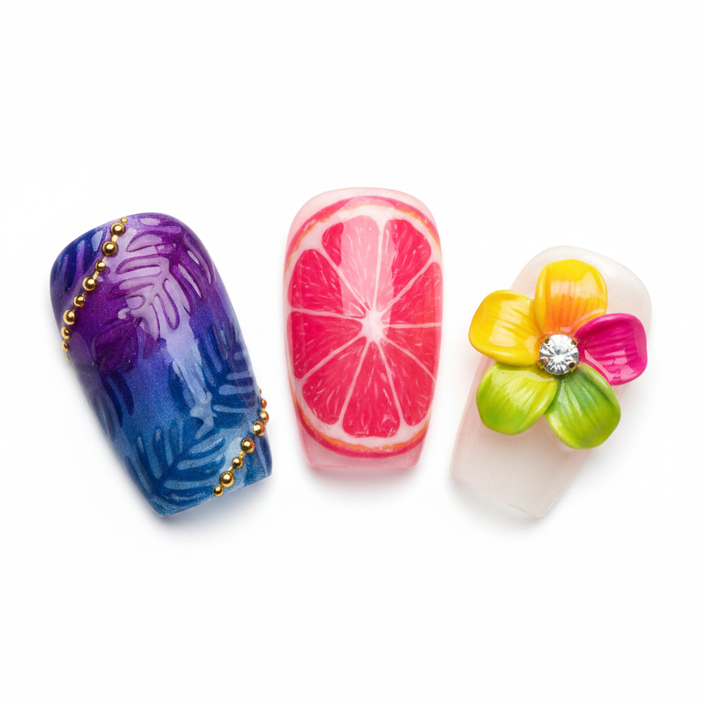 Macro close-up purple-blue tropical leaf gold bead chain hot pink citrus starburst 3D multicolor tropical flower crystal nail art — LuxepressCo
