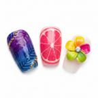 Macro close-up purple-blue tropical leaf gold bead chain hot pink citrus starburst 3D multicolor tropical flower crystal nail art — LuxepressCo